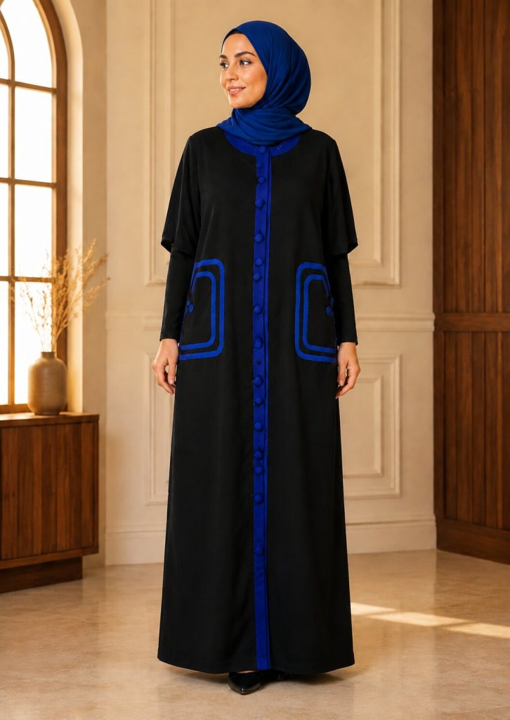 Full-length black abaya with royal-blue trim and statement pockets previously made by Patima