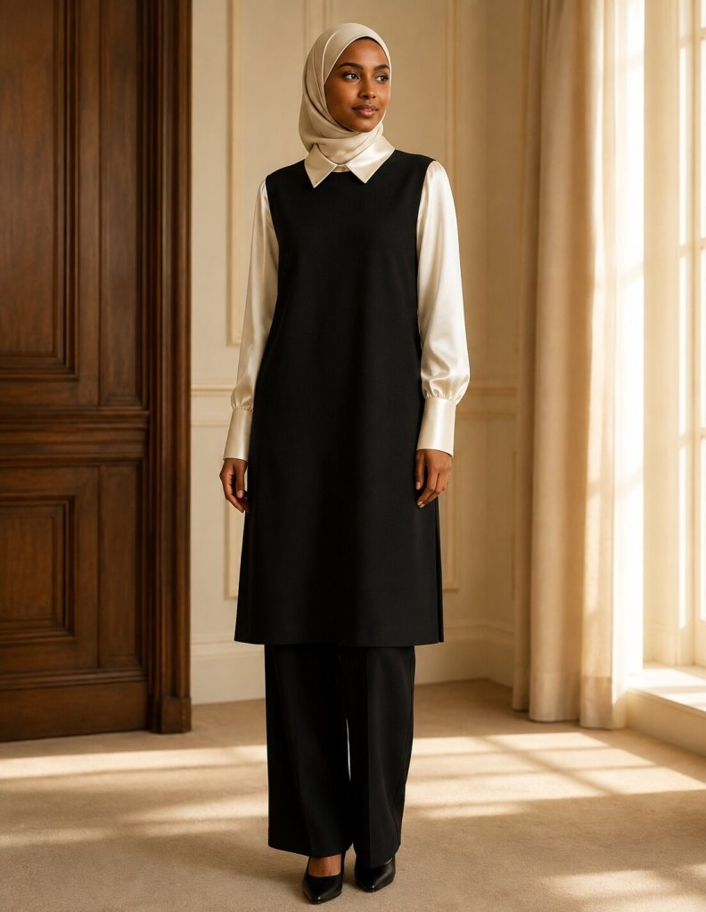 Black tunic with ivory sleeves and collar previously designed and made by Patima
