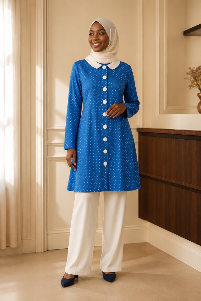 Blue polka-dot garment previously designed and made by Patima