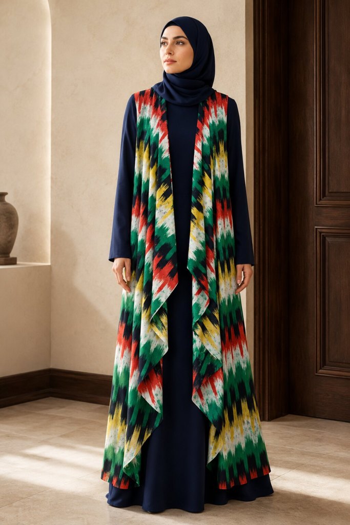 Colourful long waterfall overlay over a navy dress previously designed and made by Patima