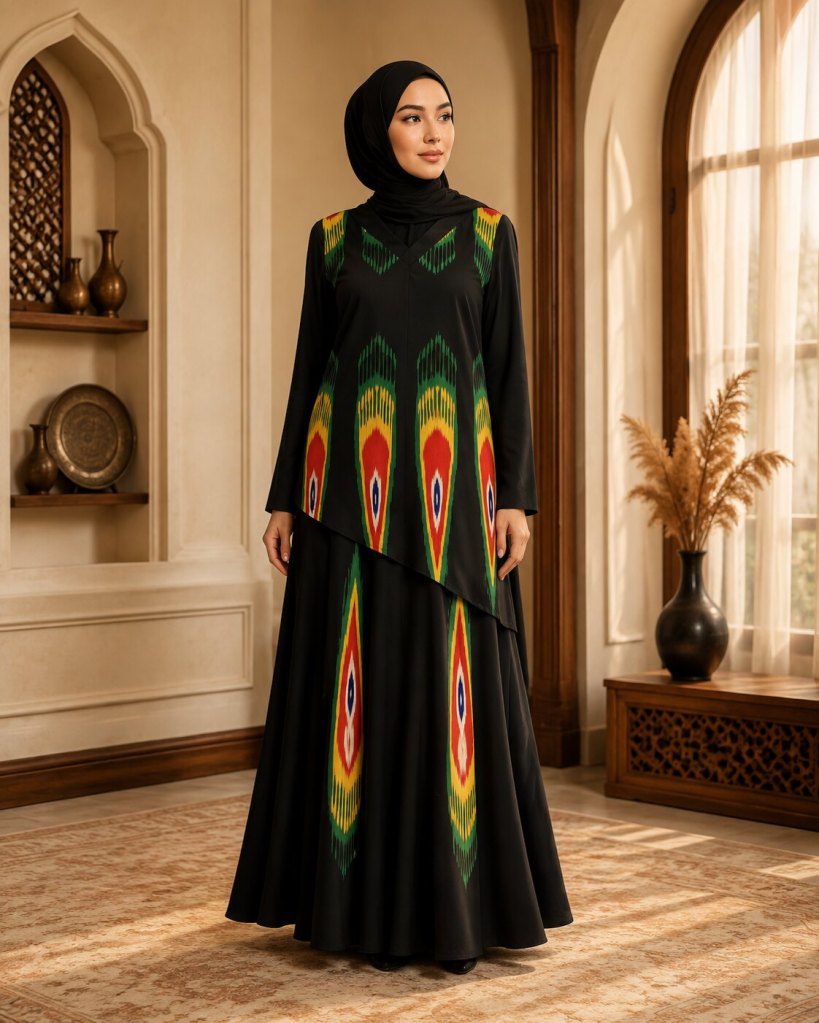 Black modest outfit with traditional motif panels previously designed and made by Patima