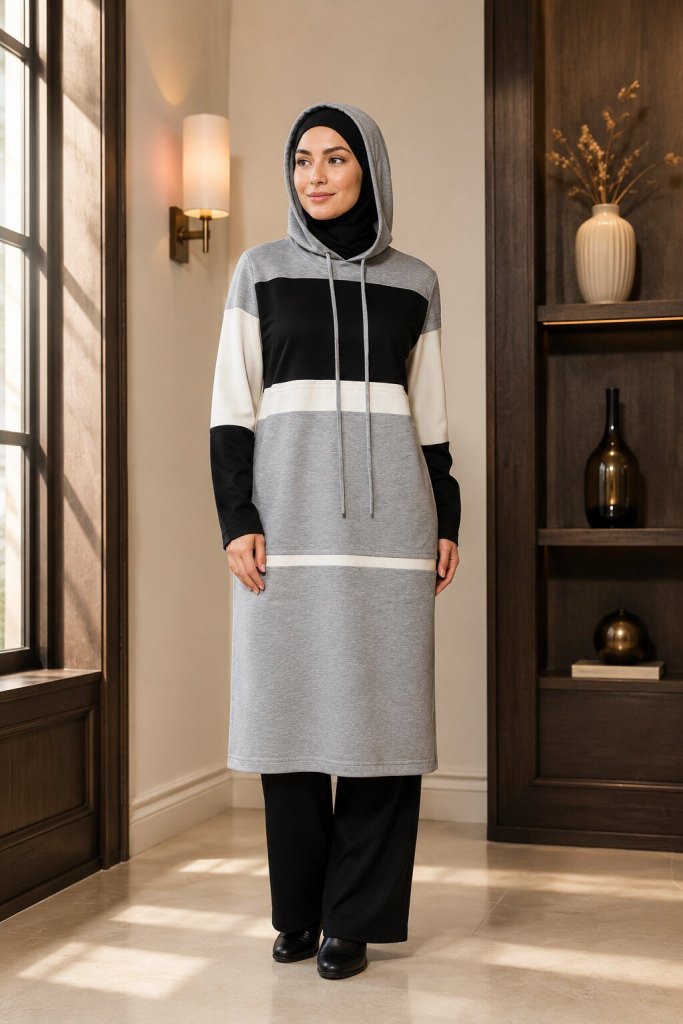 Grey black and ivory modest hooded outfit previously designed and made by Patima