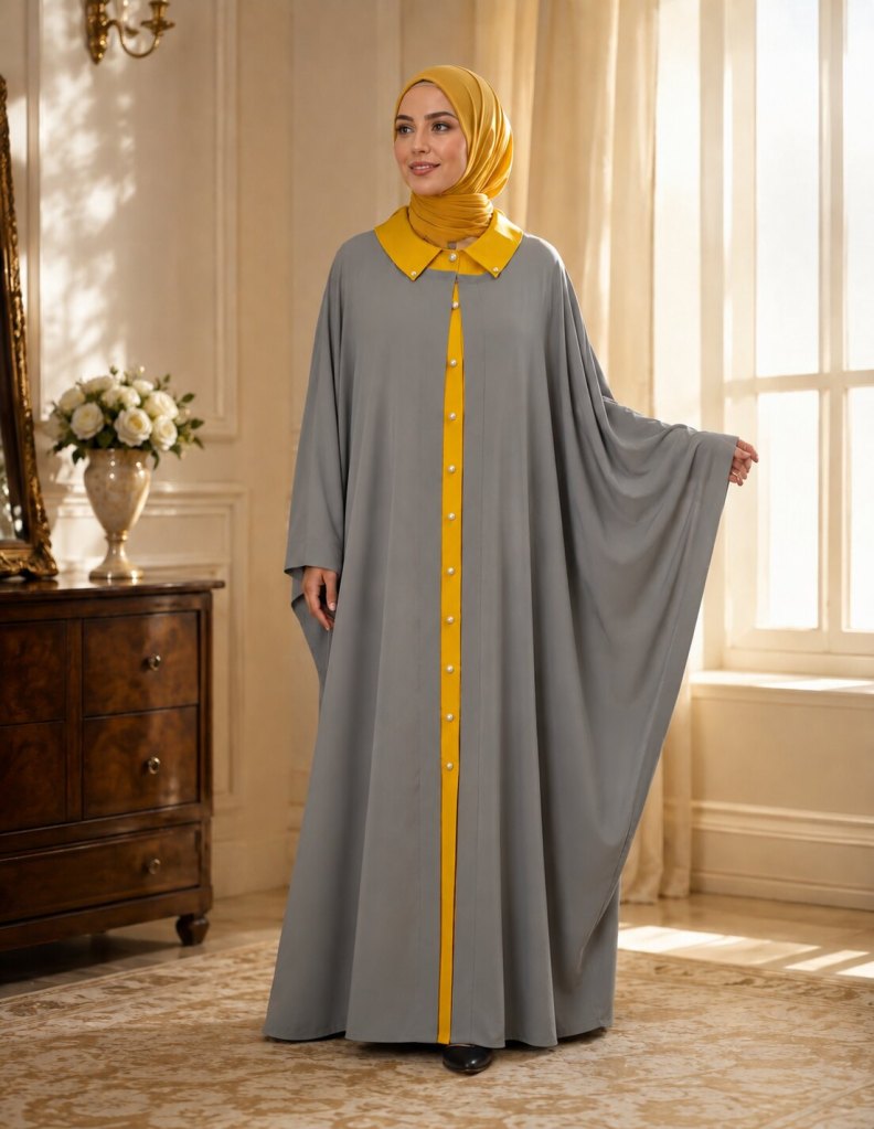 Flowing grey modest garment with yellow collar and front trim previously designed and made by Patima