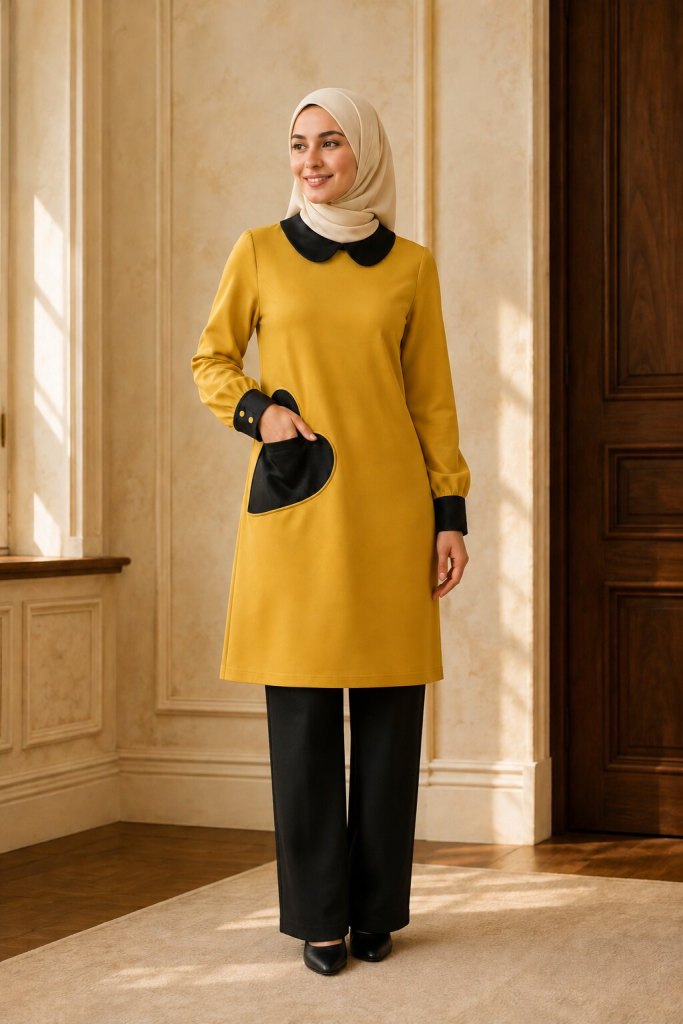 Mustard garment with black collar cuffs and statement pocket previously designed and made by Patima