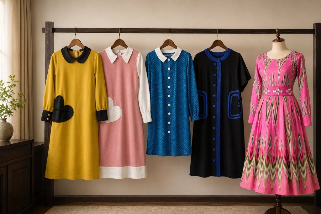 Garments based on Patima’s past designs in a warm atelier