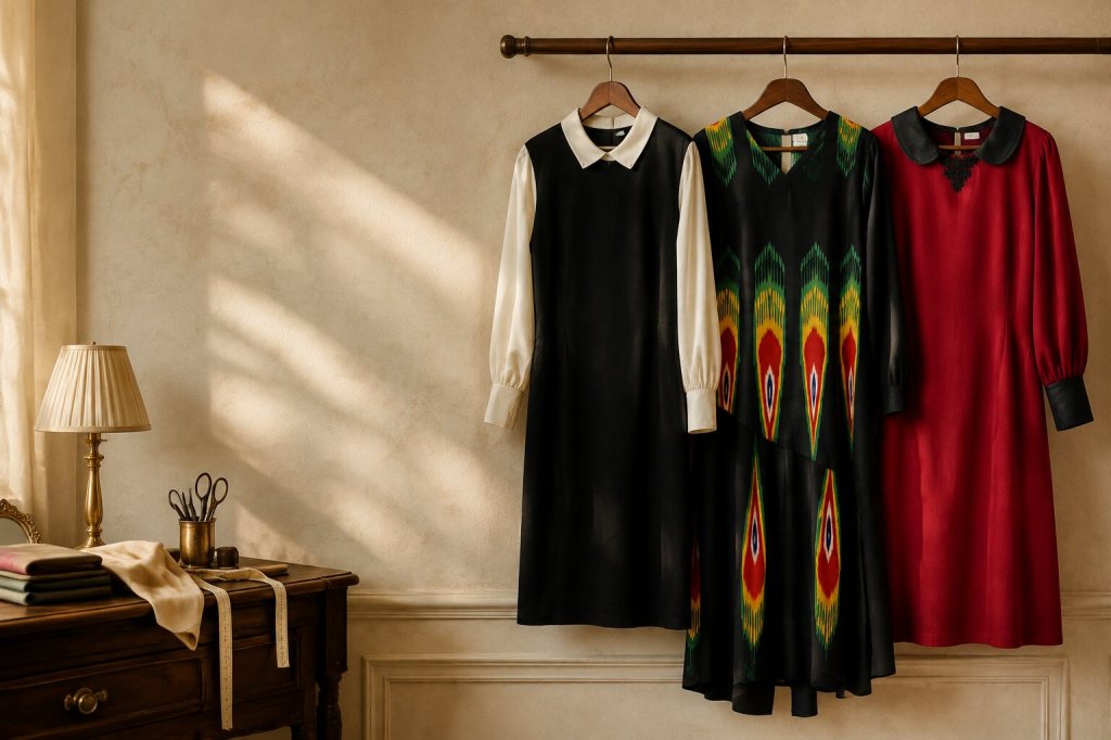 Three garments based on Patima’s past designs displayed in a refined sewing studio