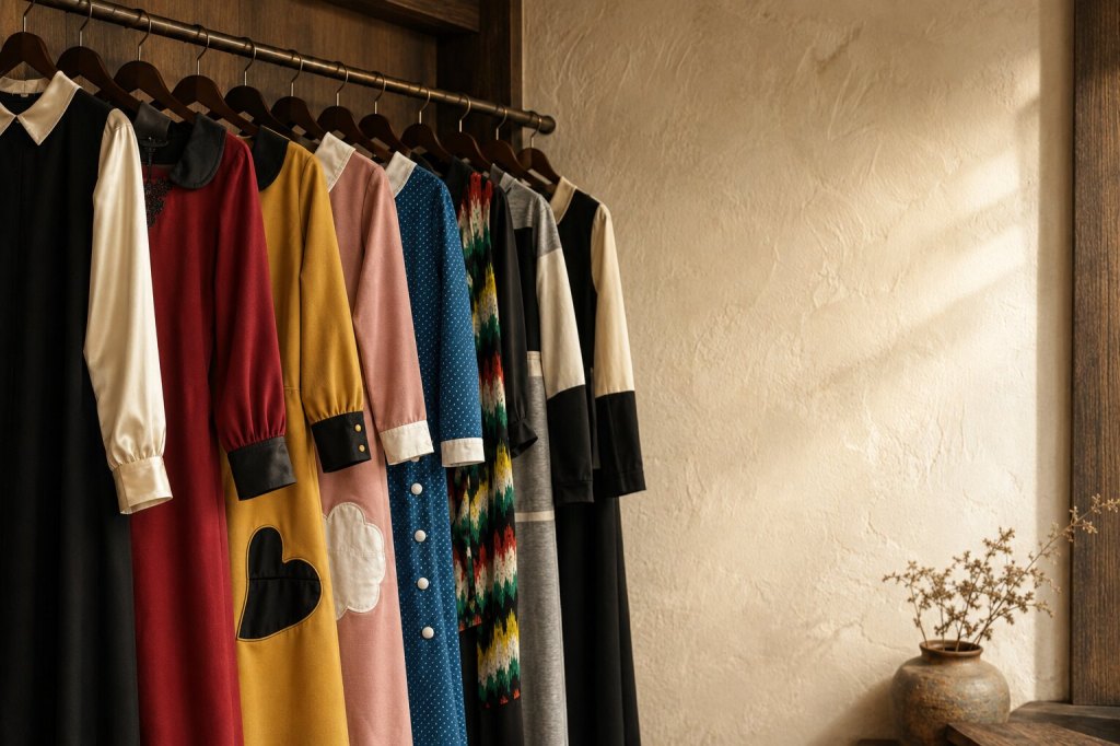 A curated rack showing garments previously designed and made by Patima